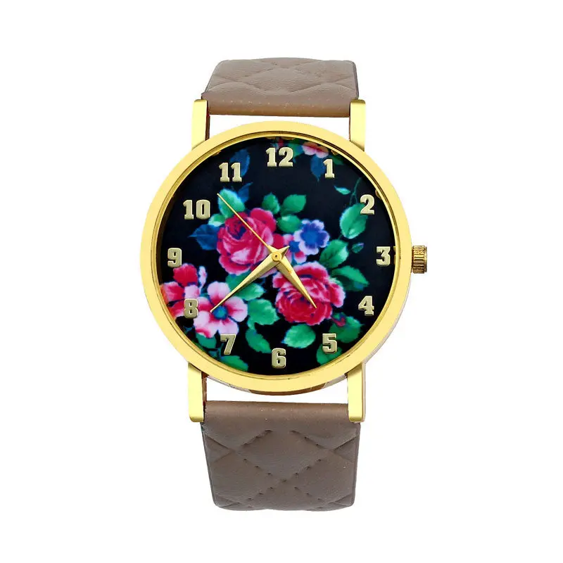 Women Watch Geneva Vogue Women Dress Clocks Rose Print Analog Dial Leather Band Casual Mujer Wristwatch Promotions 7