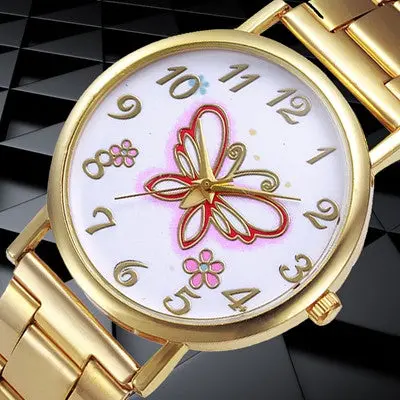 Women Watch Gold Dress Clock Crystal Stainless Steel Band Butterfly Pattern Analog Watch Relogio Feminino 1