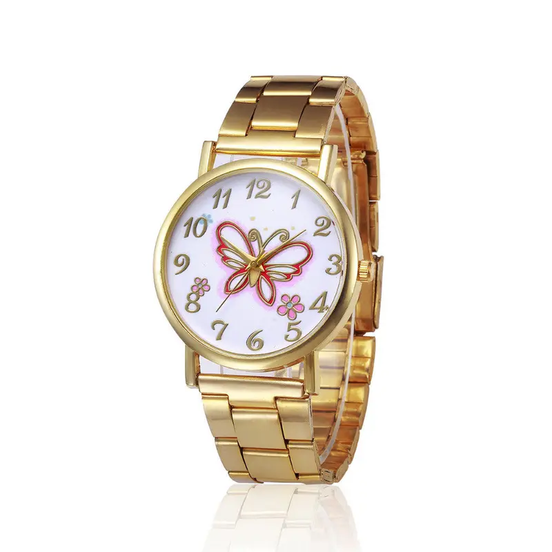 Women Watch Gold Dress Clock Crystal Stainless Steel Band Butterfly Pattern Analog Watch Relogio Feminino 2