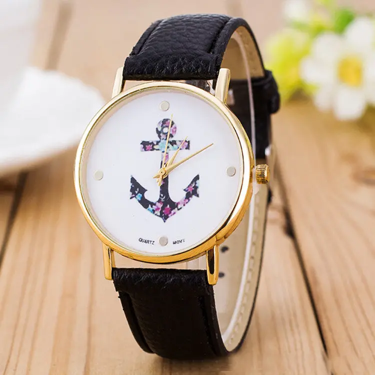 Women Watch Relogio Vintage Anchor Printting Dress Clock Pu Leather Quartz Watches Reloj 1
