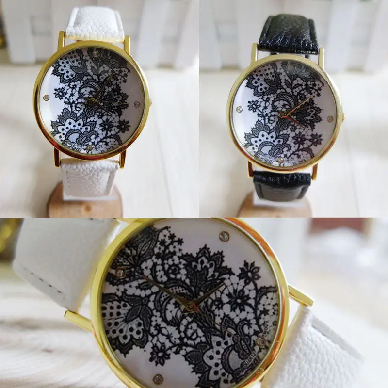 Women Watch Round Lace Printed Faux Leather Quartz Analog Dress Wrist Watch 1