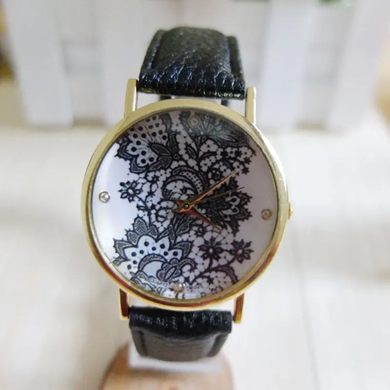 Women Watch Round Lace Printed Faux Leather Quartz Analog Dress Wrist Watch 2