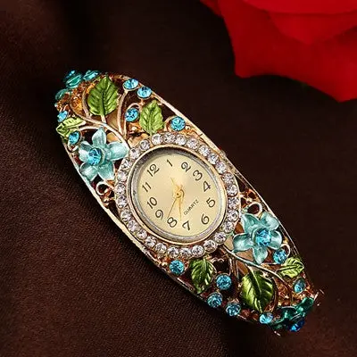 Women Watches Bangle Rhinestone Crystal Bracelet Dress Clock Flower Quartz Wristwatch Relogio Feminino 1
