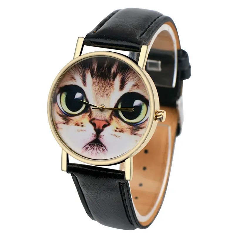 Women Watches Cat Pattern Pu Leather Band Analog Quartz Dress Wrist Watch Clock Relogio Feminino 1