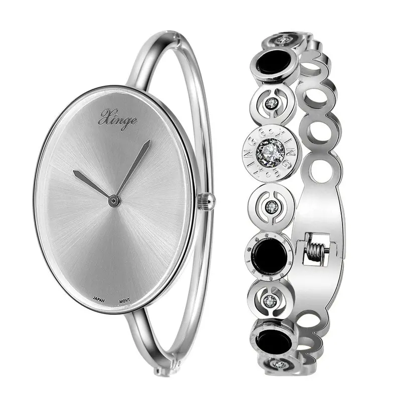 Women Watches Clock Montre Silver Rhinestone Bangle Watch And Bracelet Set D3677s Relogio Feminino Feida 1