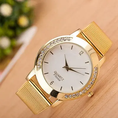 Women Watches Crystal Golden Rhinestone Stainless Steel Analog Quartz Dress Wrist Watch Bracelet Reloj 1