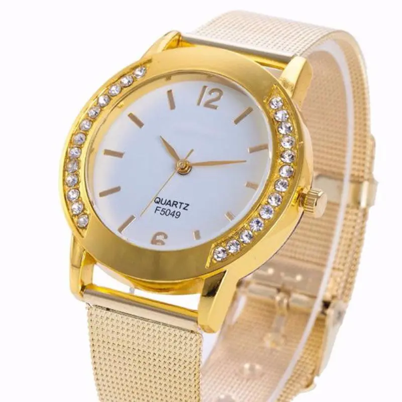 Women Watches Crystal Golden Rhinestone Stainless Steel Analog Quartz Dress Wrist Watch Bracelet Reloj 2