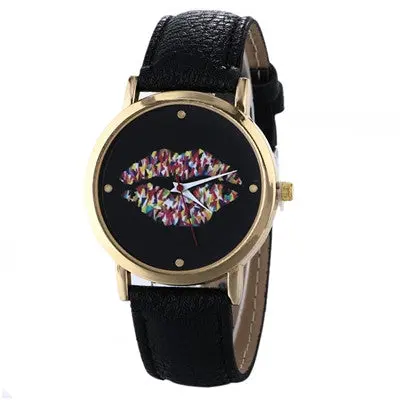 Women Watches Dress Clock Lips Pattern Pu Leather Band Analog Watch Relogio Feminino 1
