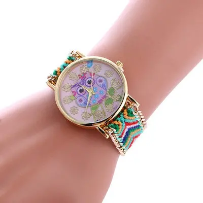 Women Watches Dress Clock Owl Pattern Bracelet Weaved Rope Band Knitted Gift Dial Wristwatch Relogio Feminino 7