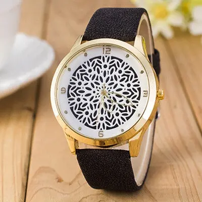 Women Watches Dress Clock Pu Leather Band Flower Pattern Quartz Wrist Watch Relogio Feminino 1