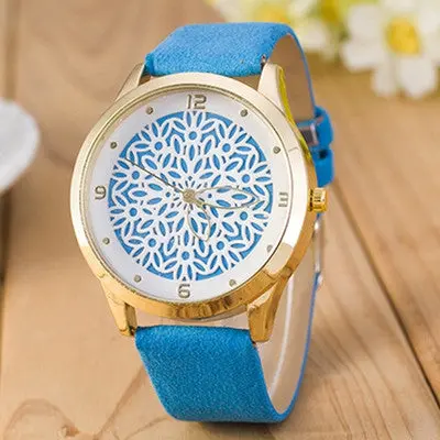 Women Watches Dress Clock Pu Leather Band Flower Pattern Quartz Wrist Watch Relogio Feminino 2
