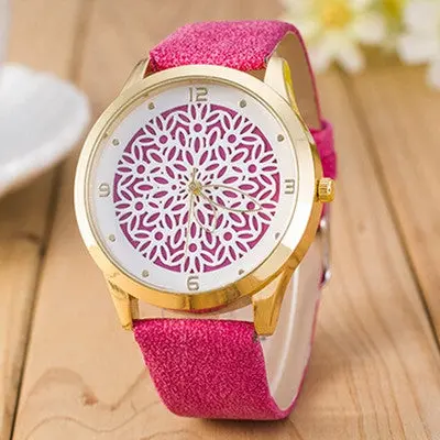 Women Watches Dress Clock Pu Leather Band Flower Pattern Quartz Wrist Watch Relogio Feminino 3