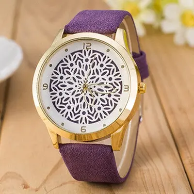 Women Watches Dress Clock Pu Leather Band Flower Pattern Quartz Wrist Watch Relogio Feminino 4