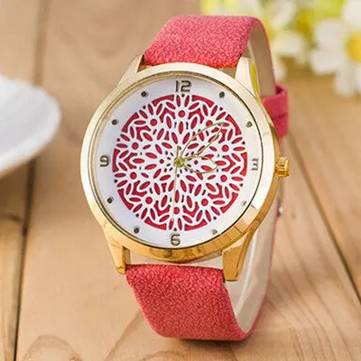 Women Watches Dress Clock Pu Leather Band Flower Pattern Quartz Wrist Watch Relogio Feminino 5