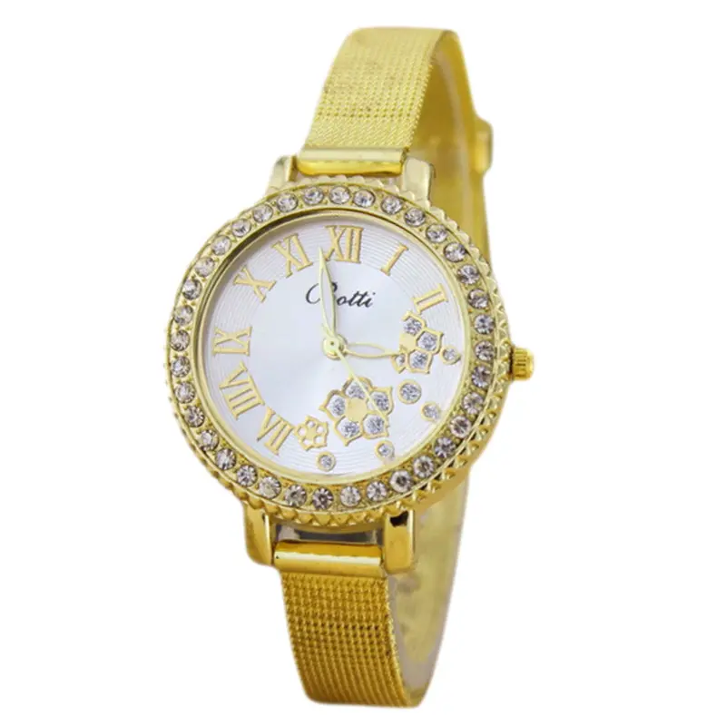 Women Watches Famous Clock Gold Fine Belt Diamond Watch Flower Pattern Alloy Quartz Wrist Watch Feida 1