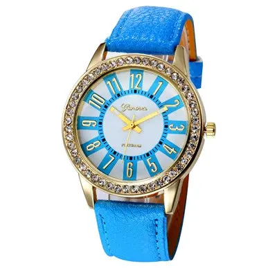 Women Watches Geneva Analog Rhinestone Crystal Elegant Dress Clock Pu Leather Band Watch Relogio Feminino 2
