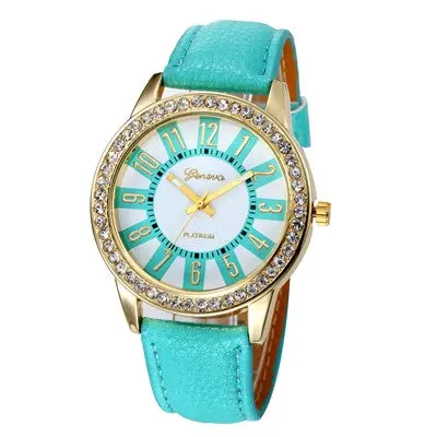 Women Watches Geneva Analog Rhinestone Crystal Elegant Dress Clock Pu Leather Band Watch Relogio Feminino 7