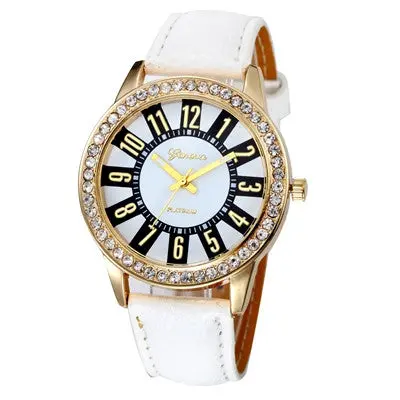 Women Watches Geneva Analog Rhinestone Crystal Elegant Dress Clock Pu Leather Band Watch Relogio Feminino 8