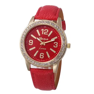 Women Watches Geneva Clock Rhinestone Crystal Analog Pu Leather Band Quartz Wrist Watch Relogio Reloj 10