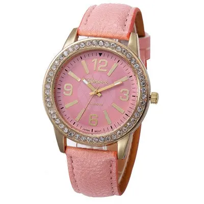 Women Watches Geneva Clock Rhinestone Crystal Analog Pu Leather Band Quartz Wrist Watch Relogio Reloj 8