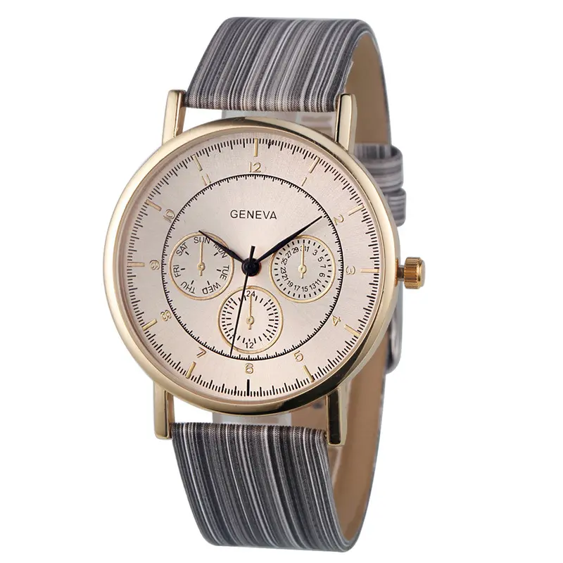 Women Watches Geneva Top Faux Chronograph Ladies Imitate Wood Leather Quartz Wrist Watch Dress Relogio 1