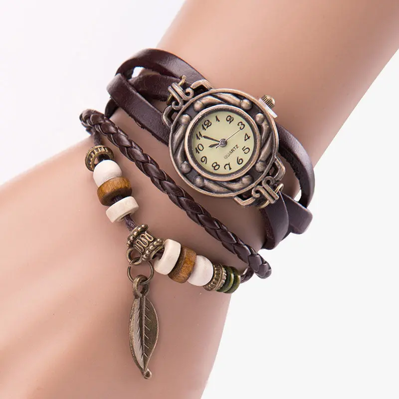 Women Watches Girl Vintage Watch, Bracelet Reloj Mujer Wristwatches Leaf Pendant Coffee Bayan Kol Saati Fast Shipping Feida 1