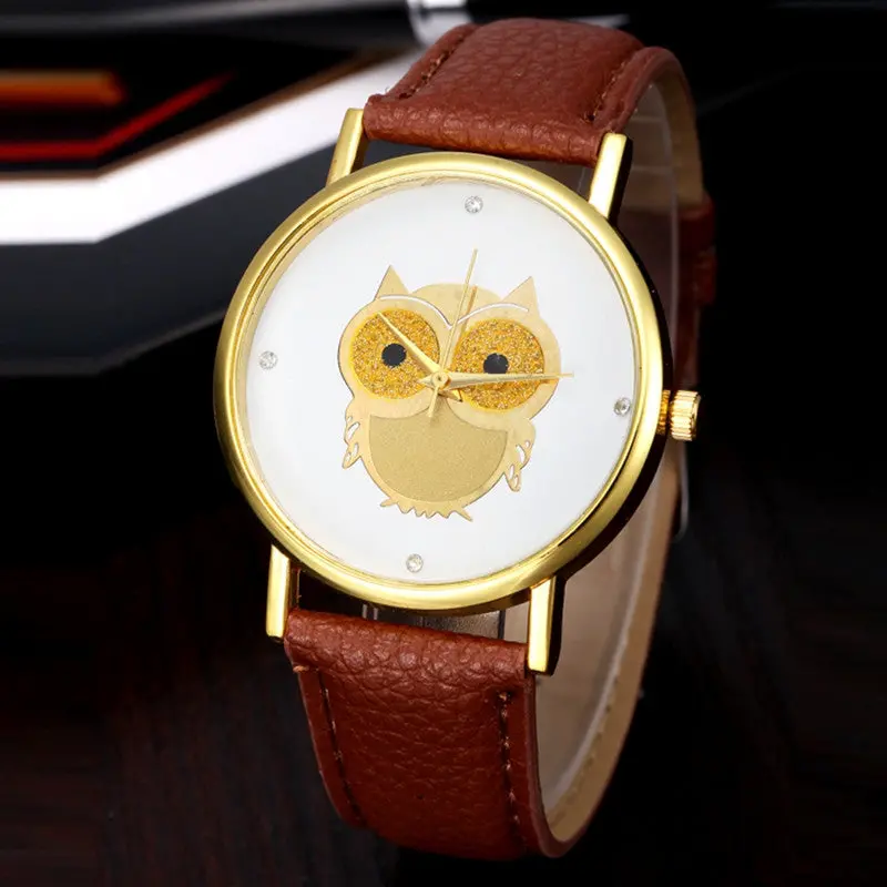Women Watches Gold Analog Elegant Quartz Watch Owl Pattern Wristwatch Pu Leather Strap Relogio Feminino 2