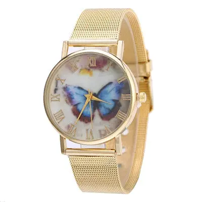 Women Watches Gold Stainless Steel Band Butterfly Pattern Analog Clock Quartz Watch Relogio Feminino 1