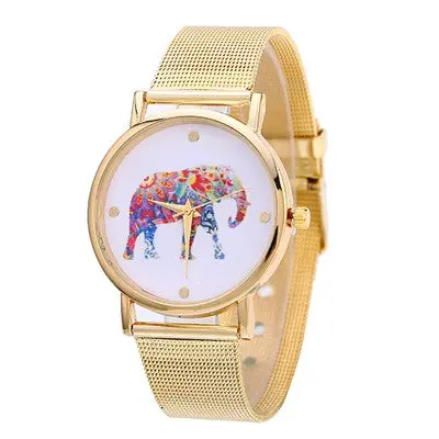 Women Watches Gold Stainless Steel Band Elephant Bicycle Pattern Clock Analog Quartz Wrist Watch Relogio 1