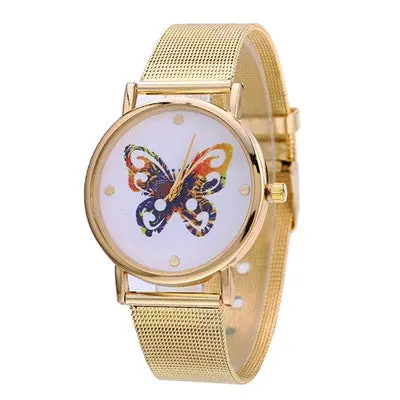 Women Watches Gold Stainless Steel Mesh Band Butterfly Pattern Analog Quartz Wrist Watch Relogio Feminino 1