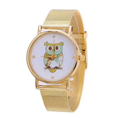 Women Watches Gold Stainless Steel Mesh Band Owl Pattern Clock Relogio Feminino Analog Quartz Wrist Watch 1