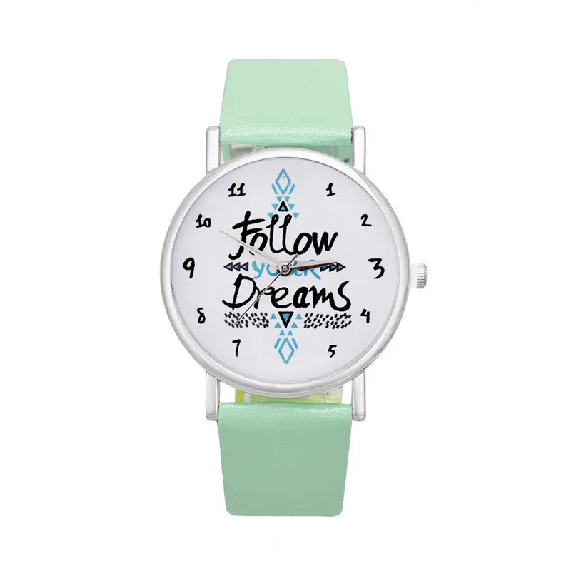 Women Watches Mint Green Orologi Donna Follow Dreams Words Letter Pattern Leather Quartz Watch Relojes Mujer Feida 3