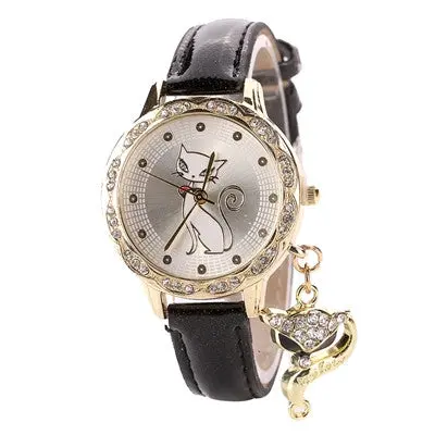 Women Watches Rhinestone Crystal Dress Clock Pu Leather Band Cat Pattern Quartz Watch Relogio Feminino 1