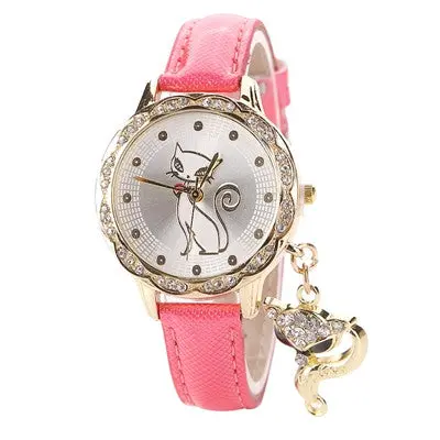 Women Watches Rhinestone Crystal Dress Clock Pu Leather Band Cat Pattern Quartz Watch Relogio Feminino 3
