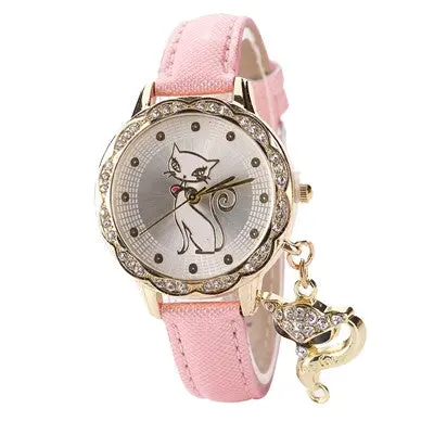 Women Watches Rhinestone Crystal Dress Clock Pu Leather Band Cat Pattern Quartz Watch Relogio Feminino 4