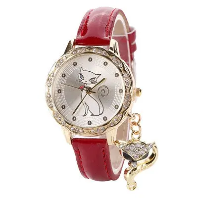 Women Watches Rhinestone Crystal Dress Clock Pu Leather Band Cat Pattern Quartz Watch Relogio Feminino 5
