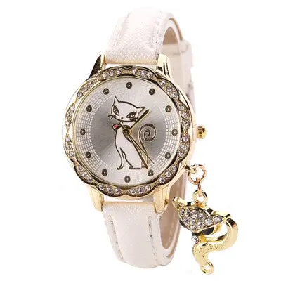 Women Watches Rhinestone Crystal Dress Clock Pu Leather Band Cat Pattern Quartz Watch Relogio Feminino 6