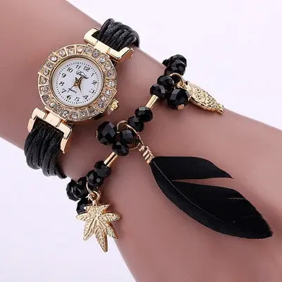 Women Watches Rhinestone Crystal Feather Weave Bracelet Dress Clock Chain Watch Relogio Feminino 1