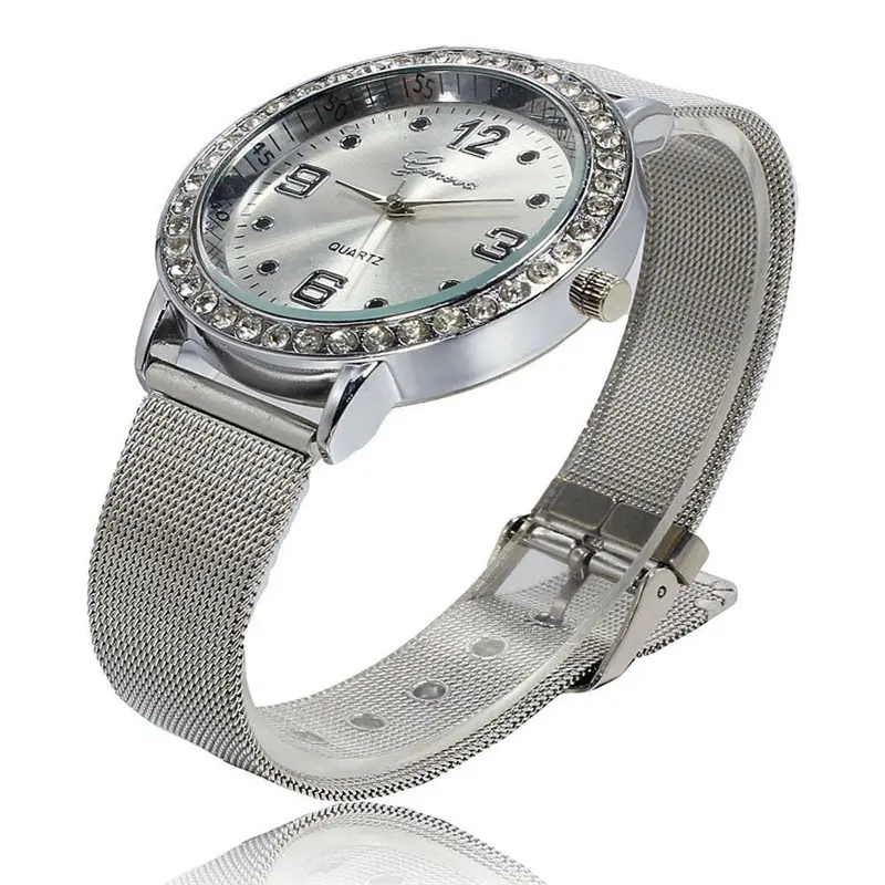 Women Watches Rhinestone Silver Dial Stainless Steel Mesh Band Relojes Mujer Ladies Quartz Analog Clock Wrist Hour 1