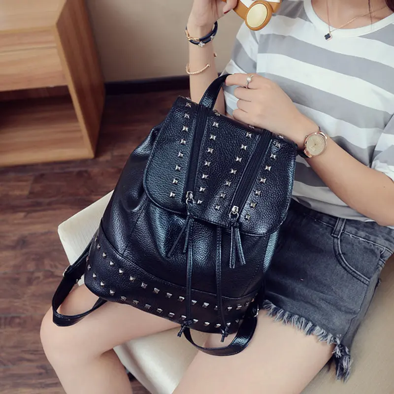 Women Waterproof Pu Leather Rivet Backpack Women's Backpacks For Teenage Girls Bags With Zippers Black Rucksack 1