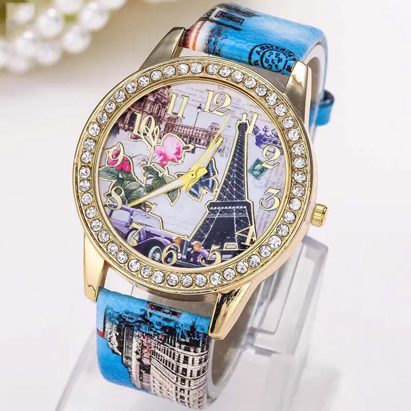 Women Wathces Crystal Rhinestone Dress Clock Vintage Paris Eiffel Tower Pu Leather Band Relogio Feminino 1
