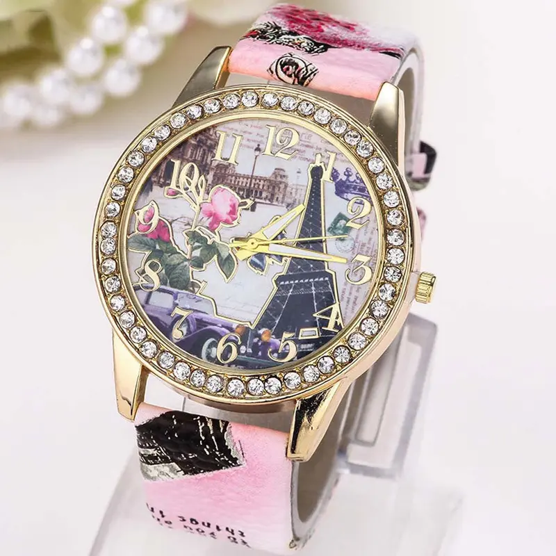 Women Wathces Crystal Rhinestone Dress Clock Vintage Paris Eiffel Tower Pu Leather Band Relogio Feminino 2