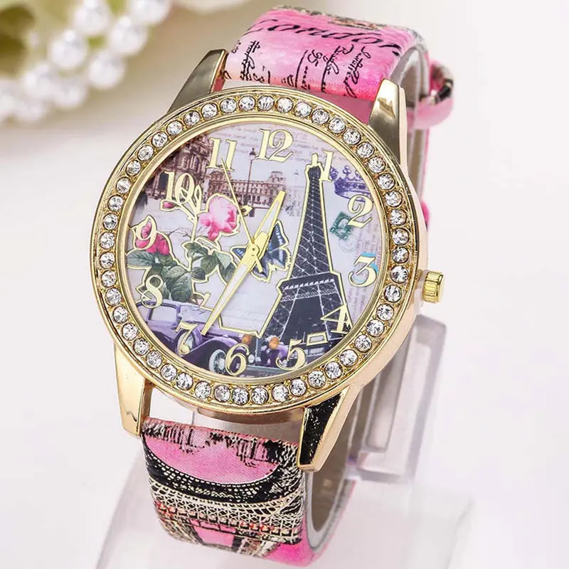 Women Wathces Crystal Rhinestone Dress Clock Vintage Paris Eiffel Tower Pu Leather Band Relogio Feminino 3