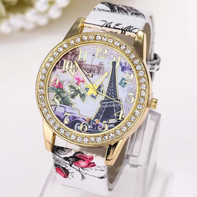Women Wathces Crystal Rhinestone Dress Clock Vintage Paris Eiffel Tower Pu Leather Band Relogio Feminino 4