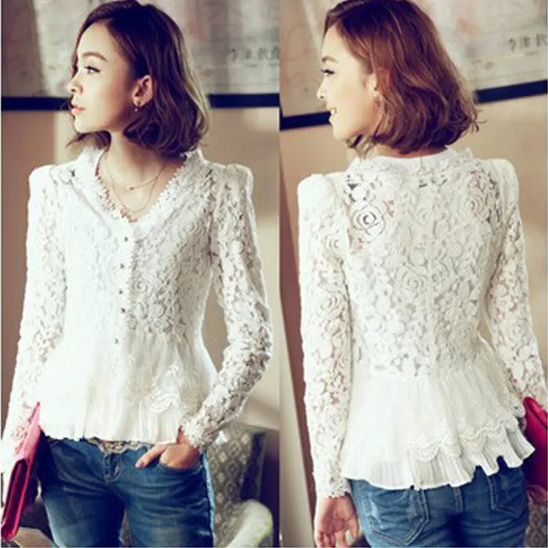 Women White Lace Blouse Chiffon Shirt Blusa Renda Ladies V-Neck Women's Tops Long Sleeve Patchwork Shirts 1