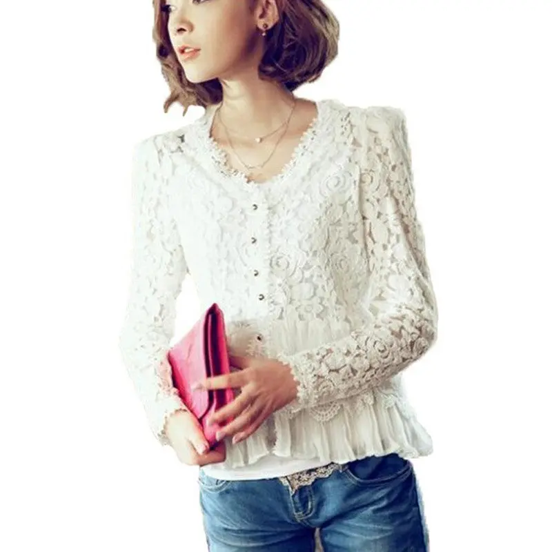 Women White Lace Blouse Chiffon Shirt Blusa Renda Ladies V-Neck Women's Tops Long Sleeve Patchwork Shirts 2