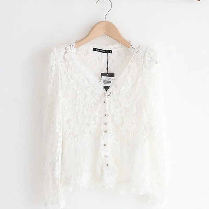 Women White Lace Blouse Chiffon Shirt Blusa Renda Ladies V-Neck Women's Tops Long Sleeve Patchwork Shirts 3