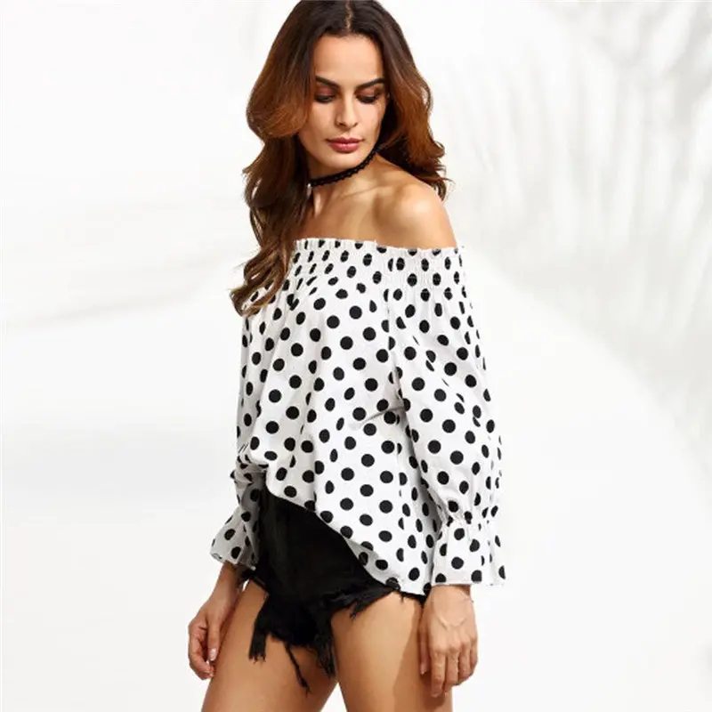Women White Polka Dot Off Shoulder Top Camisas Femininas Long Sleeve Women Tops And Blouses Feida 3