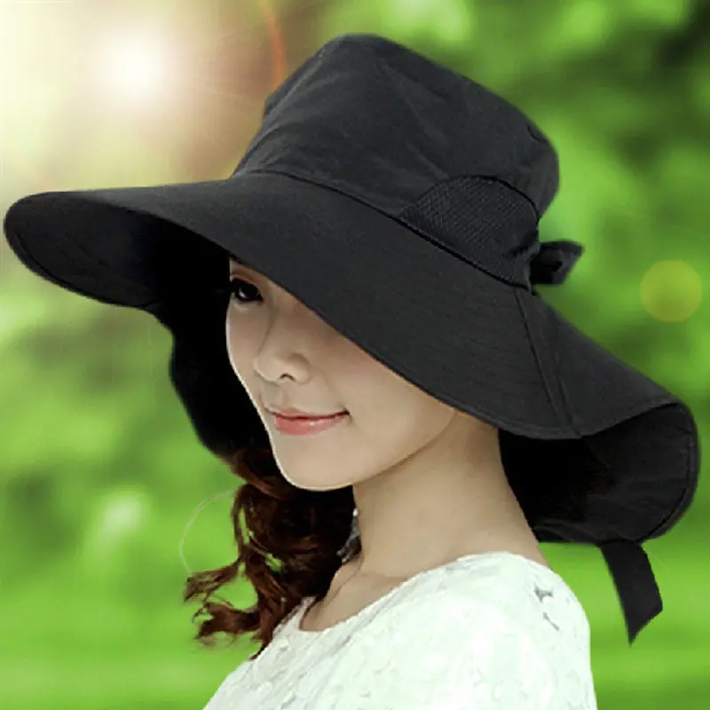 Women Wide Brim Bow Hat Foldable Sun Floppy Self-Tie Beach Cap 1
