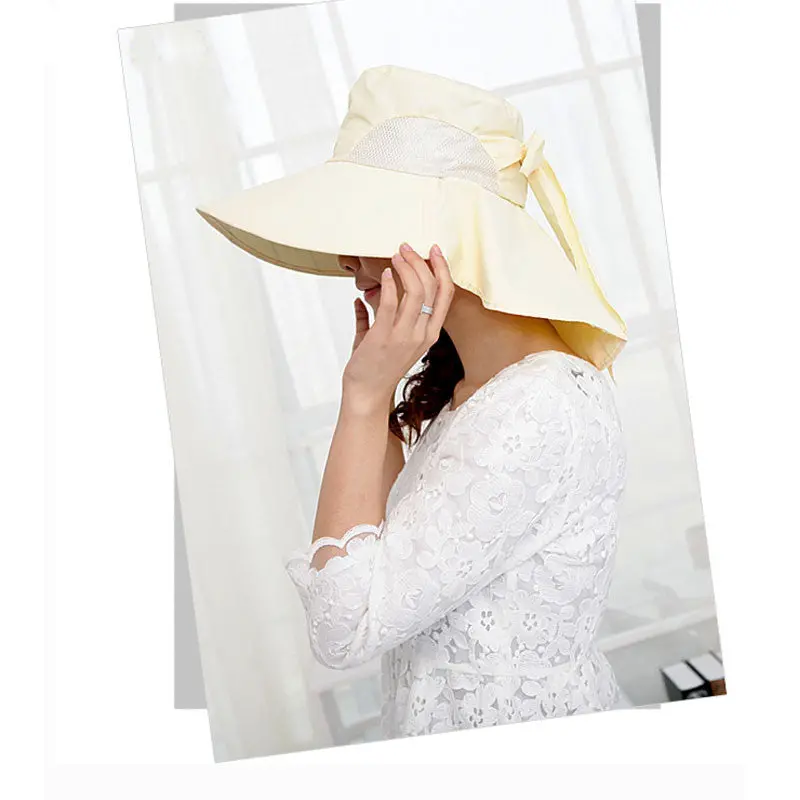 Women Wide Brim Bow Hat Foldable Sun Floppy Self-Tie Beach Cap 2